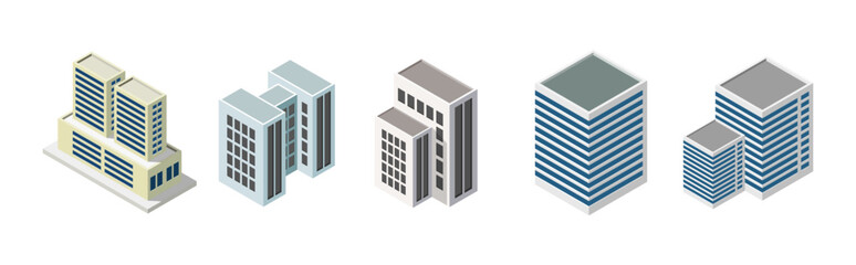 Isometric modern building. Building 3d render illustration with windows and trees, simple icon white colors. home buildings illustrations in 3d dimetric isometric view. Isometric urban city downtown.