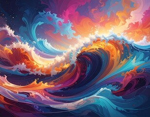 Colorful wave artwork with vibrant hues of orange, pink and blue