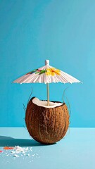 Coconut cocktail, small umbrella, bright sunny setting