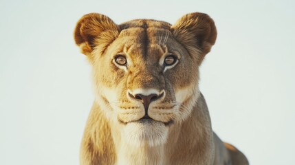 Lioness head, direct gaze, clear sky background, for wildlife projects