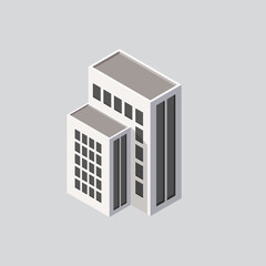 Isometric modern building. Building 3d render illustration with windows and trees, simple icon white colors. home buildings illustrations in 3d dimetric isometric view. Isometric urban city downtown.