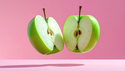 Halved green apples, stems up, hover on pink background