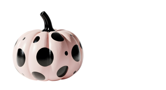 A small decorative pumpkin with black polka dots and a black stem isolated on transparent background