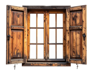 Weathered wooden window with open shutters, bright interior, isolated on black