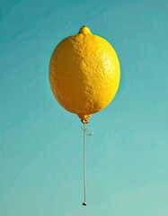 Lemon balloon concept bright yellow fruit on a string, aqua sky