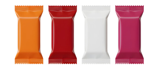 Colorful blank flow pack wrapper mockup for a chocolate bar, candy, or snack food. Isolated on transparent background