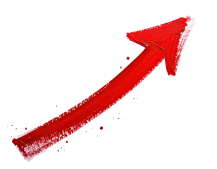 A hand-painted red arrow pointing diagonally upwards against a transparent background