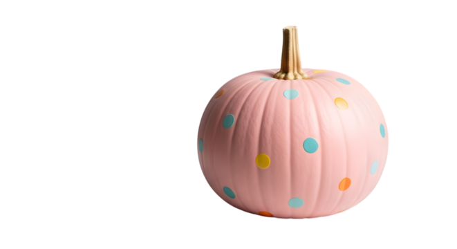 A pastel pink pumpkin decorated with colorful polka dots isolated on transparent background - Powered by Adobe