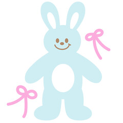 Cute illustration of pastel blue bunny and pink ribbons for animal decoration, rabbit cartoon, pet shop, vet, characters, comic, mascot, patch, brooch, nature, garden, zoo, souvenir shop, stickers