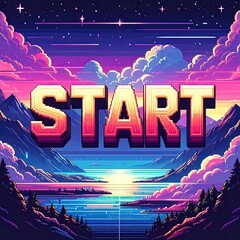 Pixelated START over a retro landscape, vibrant colors