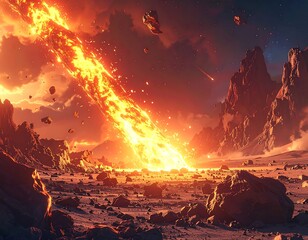 Cosmic fiery event Asteroid impact, burning debris, rocky landscape