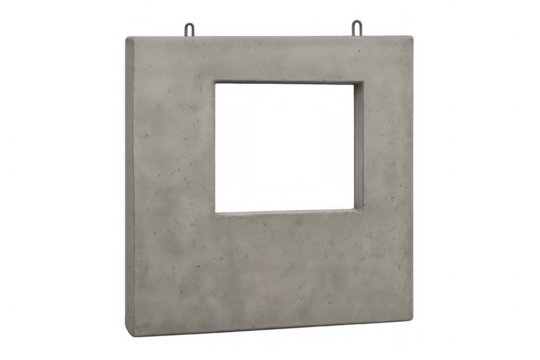 Concrete picture frame hanging with hooks on a transparent background, empty square opening for content display