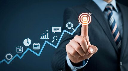 Achieve business goals with strategic planning pointing to target on growth chart