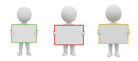 Three cartoon figures holding blank signs isolated on transparent background