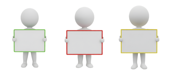 Three cartoon figures holding blank signs isolated on transparent background