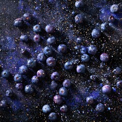 A mesmerizing closeup shot of fresh blueberries scattered across a dark, sparkling surface, creating a cosmic and ethereal effect