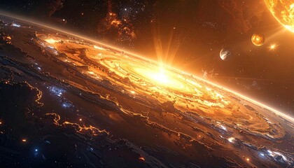 Cosmic sunrise explodes above ringed planet in distant galaxy