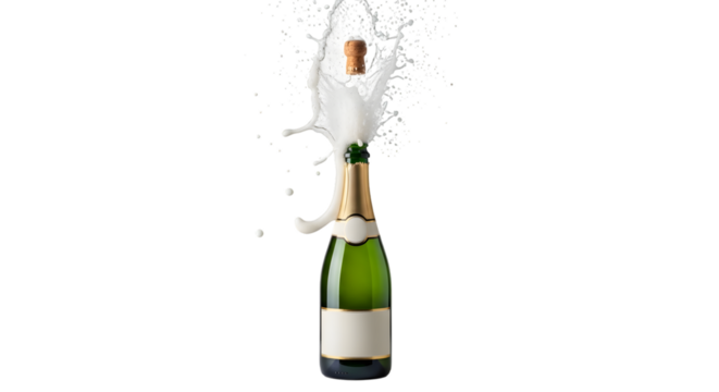 Champagne bottle with white liquid splashing out isolated on transparent background