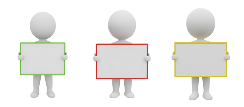 Three cartoon figures holding blank signs isolated on transparent background - Powered by Adobe