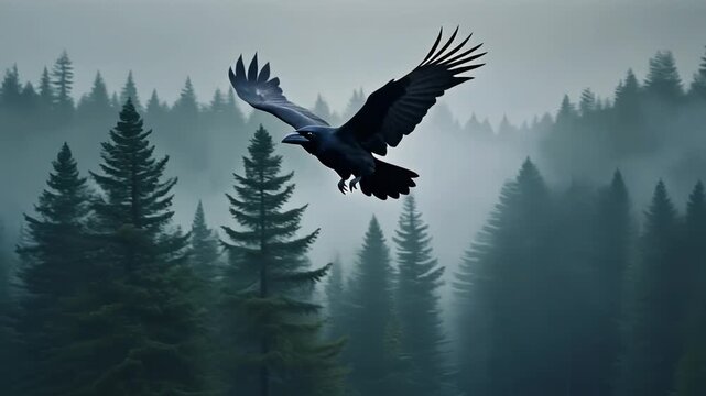 Un cuervo oscuro volando majestuosamente sobre un bosque brumoso de pinos en un d&iacute;a nublado.