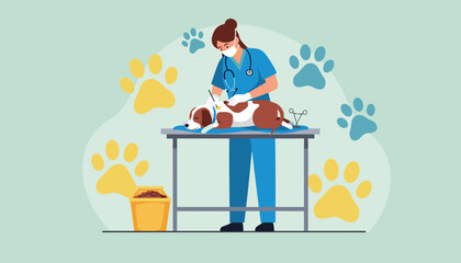 Caring veterinarian examines a sleepy dog on the table in a modern clinic surrounded by colorful paws for pet health and wellness campaigns