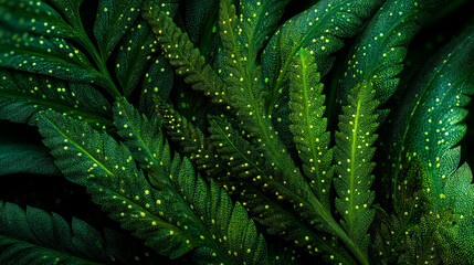Obraz premium Close up of green fern leaves with yellow spots in a dark and moody setting