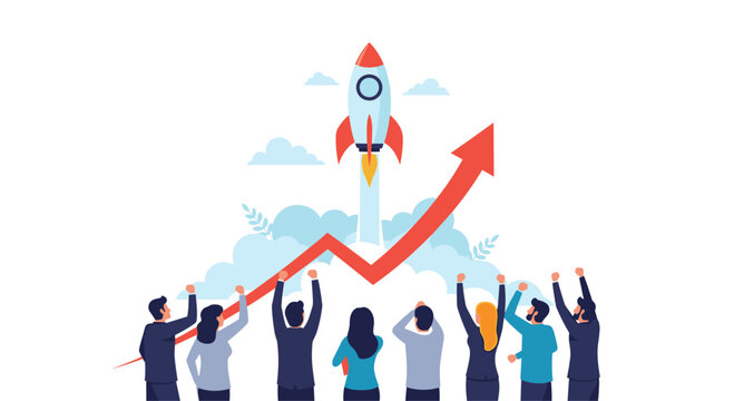 Successful business launch with team cheering as rocket soars and graph climbs, perfect for illustrating growth and achievement together