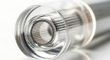 Close up of the intricate internal structure of a clear glass cylinder with metallic elements.