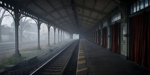 Foggy abandoned railway station platform and tracks at daybreak
