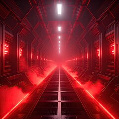 Red futuristic tunnel with bright lights, smoke, and perspective