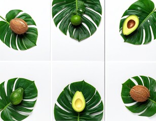 Fruit & leaves coconut, lime, avocado on split monstera