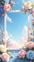 Flowered frame around sky, clouds, sunny feel