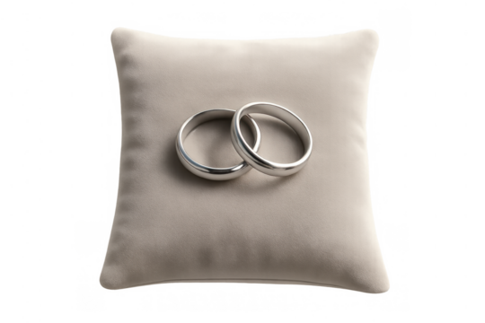 Wedding rings resting on a fabric pillow, symbolizing marriage, commitment, and love for a special ceremony