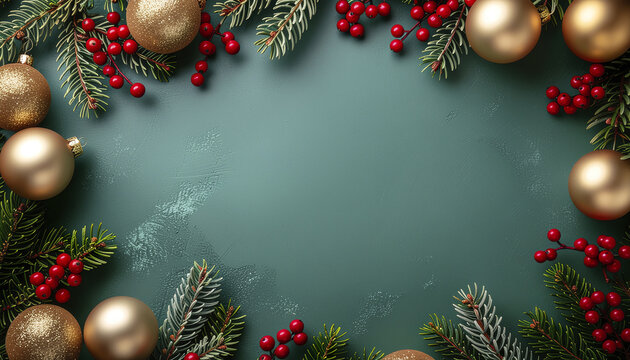 Christmas holiday frame with gold baubles, pine branches, and red berry clusters green background