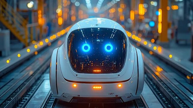 Futuristic Robotic Vehicle Navigating a Modern Industrial Setting with Glowing Eyes