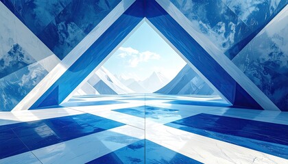 Geometric icy hall opens to mountain vista