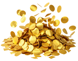 A pile of shimmering, golden coins, some falling, set against a stark black backdrop