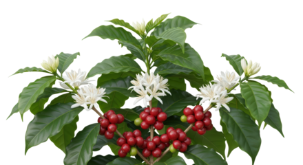 Coffee Plant With Red Beans And White Flowers Detailed View isolated on Transparent Background