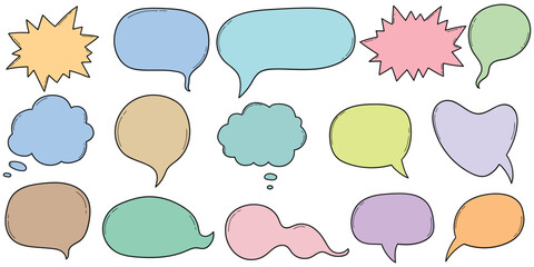 Hand-drawn cartoon set of empty colored speech bubbles on a white background.