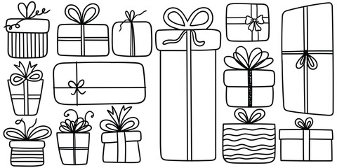 Hand-drawn doodle set of gift boxes on a white background.