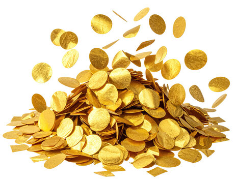 A pile of shimmering, golden coins, some falling, set against a stark black backdrop
