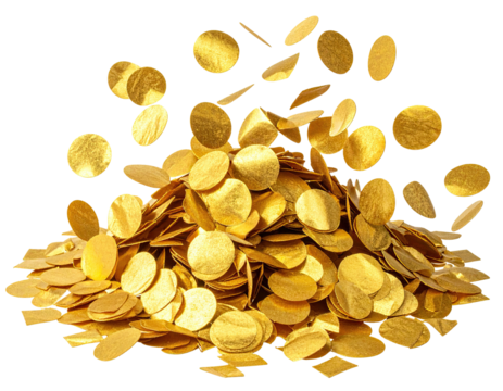 A pile of shimmering, golden coins, some falling, set against a stark black backdrop