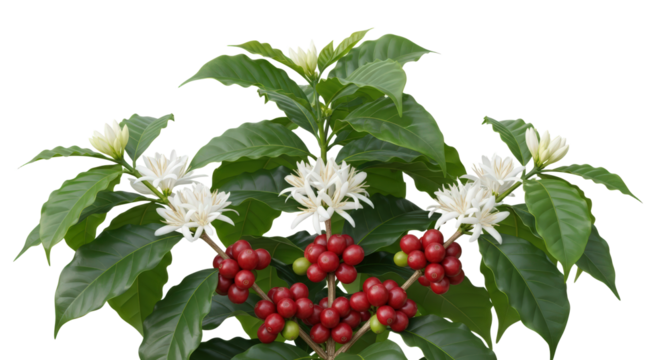 Coffee Plant With Red Beans And White Flowers Detailed View isolated on Transparent Background