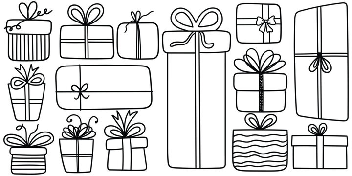 Hand-drawn doodle set of gift boxes on a white background.