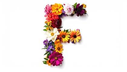 Floral "F" arrangement. Vivid, colorful blooms on white