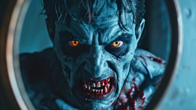 A terrifying supernatural entity with piercing orange eyes and blood-stained fangs stares menacingly, embodying a chilling nightmare of pure horror and dark fantasy