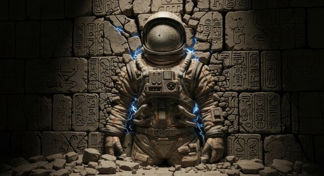 Astronaut Statue in Ancient Ruins: Futuristic Sci-Fi Concept Art