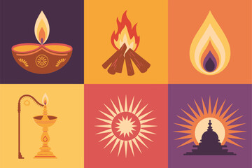 Flat illustration set for Hindu light ritual, featuring oil lamp, fire, sun, and rising sun symbols.