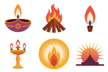 Colored outline vector icons for Hindu light ritual, illustrating oil lamp, fire, sun, and rising sun symbols.