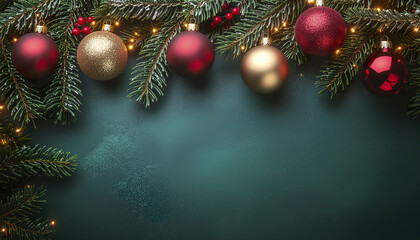 Christmas ornament pine branch red gold baubles with glowing lights on dark background